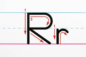 Close up of letter R handwriting practice page.