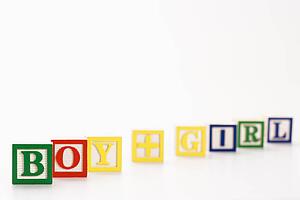 Alphabet toy building blocks spelling the words boy plus girl.