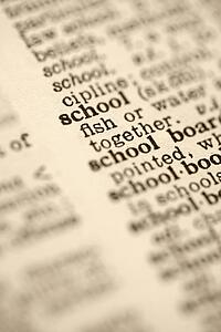 Selective focus of dictionary entry for the word school.