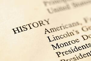 Selective focus of page with the word history and corresponding categories.