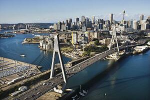 Aerial view of Anzac Bridge and buildings in Sydney, Australia.