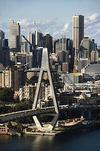 Aerial view of Anzac Bridge and buildings in Sydney, Australia.