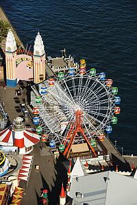 Aerial view of ferris wheel in Luna Park Sydney, Australia.