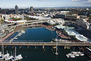 Aerial view of Pyrmont Bridge and boats in Darling Harbour, Sydney, Australia
