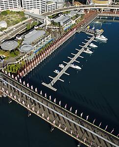 Aerial view of Pyrmont Bridge and boats in Darling Harbour, Sydney, Australia