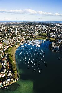 Aerial view of buildings and boats in Rushcutters Bay, Australia