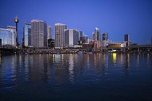 Skyscrapers and Darling Harbour at dusk in Sydney, Australia