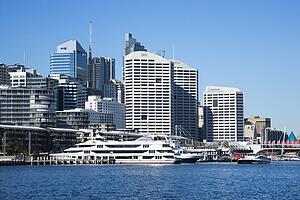 Skyscraper and waterway in Darling Harbour in Sydney, Australia.
