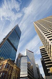 Low angle view of skyscrapers and buildings in downtown Sydney, Australia