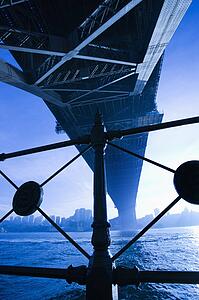 View from underneath Sydney Harbour Bridge in Australia at dusk with harbor and city skyline visible 