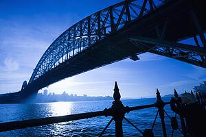 Low angle view of Sydney Harbour Bridge at dusk with harbour and distant Sydney skyline, Australia