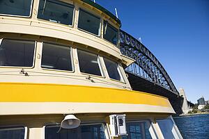 Detail of ferryboat in Sydney Harbour beside Sydney Harbour Bridge, Australia.