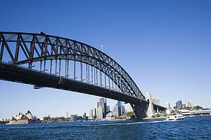 Sydney Harbour Bridge with view of downtown buildings and Sydney Opera House in Australia