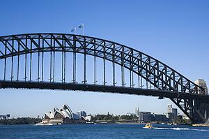 Sydney Harbour Bridge with view of downtown buildings and Sydney Opera House in Australia.