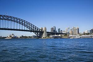 Sydney Harbour Bridge with view of downtown skyline and Sydney Opera House in Australia
