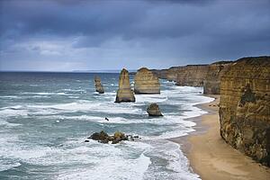 Twelve Apostles rock formation on coastline as seen from the Great Ocean Road, Australia.