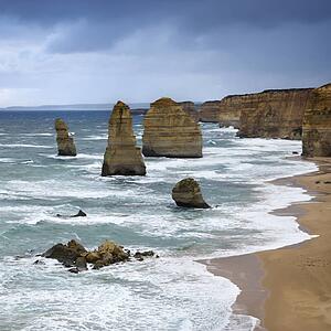Twelve Apostles rock formation on coastline as seen from the Great Ocean Road, Australia.