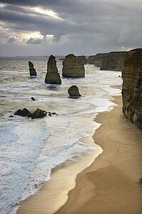 Twelve Apostles rock formation on coastline as seen from the Great Ocean Road, Australia