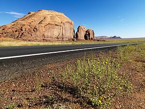 Road in scenic desert landscape with butte land formation.