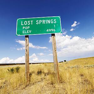 Population and elevation sign for Lost Springs, Wyoming