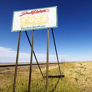 South Dakota road sign with Mount Rushmore graphic in rural field.