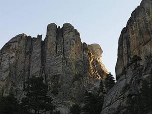 View of George Washington profile on mountain cliffside of Mount Rushmore National Memorial