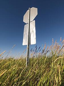 Back view of road sign in rural country