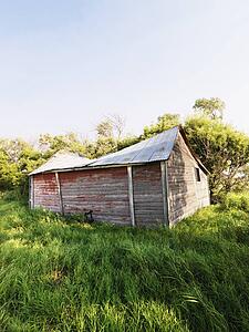 Abandoned wooden barn in state of disrepair in lush field