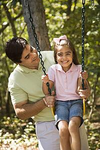 Father pushing daughter on swing