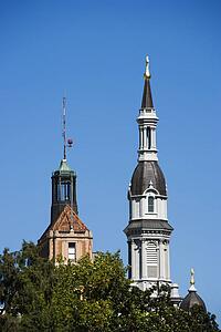 Steeple of the Cathedral of the Blessed Sacrament in Sacramento, California, USA