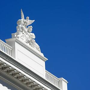 Low angle of statuary on the Sacramento Capitol building, California, USA
