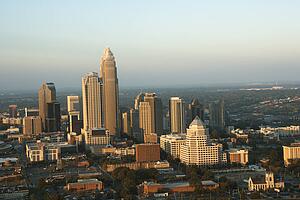 Aerial view of uptown buildings in Charlotte, North Carolina