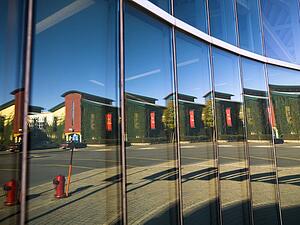 City scene reflected in windows, The Forks, Winnipeg, Manitoba, Canada