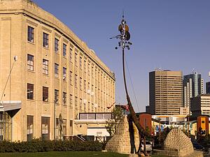 Sculpture and buildings at The Forks, Winnipeg, Manitoba, Canada