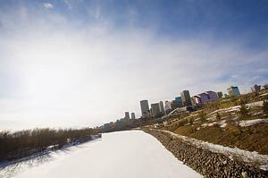 North Saskatchewan River frozen and snow-covered, Edmonton, Alberta, Canada