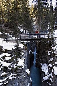 Person standing on a bridge, Maligne Canyon, Jasper National Park, Alberta, Canada