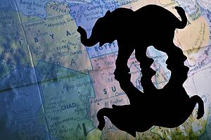 Silhouette of an elephant in front of a map of Africa