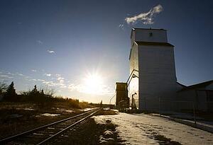 Grain elevator by railroad track