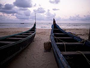 Boats on shore, Arabian Sea, Kerala, India 