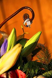 Wedding rings on metal spiral over floral bouquet