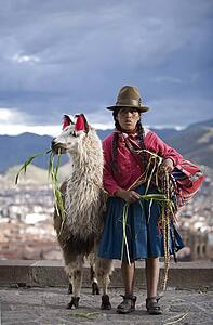 Peruvian woman with her llama (Lama glama), Cuzco, Peru