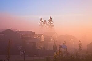 Houses in fog at sunrise, Portland, oregon, USA