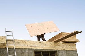 Construction worker carrying plywood