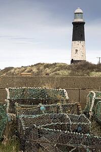 Lighthouse and lobster traps, Humberside, England