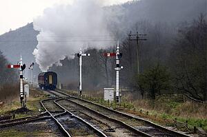 Train on railroad tracks, Grosmont, North Yorkshire, England