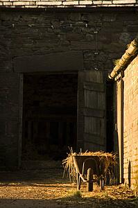 Wheelbarrow beside a barn