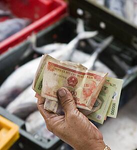Handing over money at a fish market, Vietnam