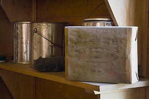Fort Edmonton, Alberta, Canada, old paint cans and box of shellac