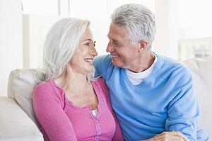 Couple relaxing in living room and smiling