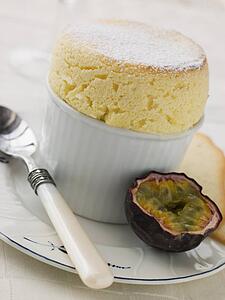 Hot Passion Fruit Souffle with Langue de Chat Biscuits
